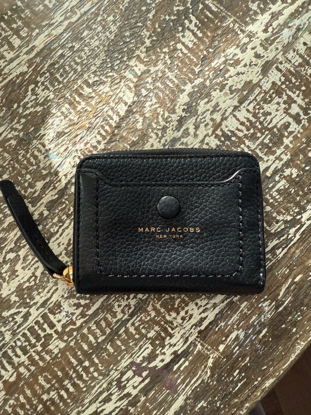 Marc Jacobs Black Pebbled Leather Card Holder with Gold Logo